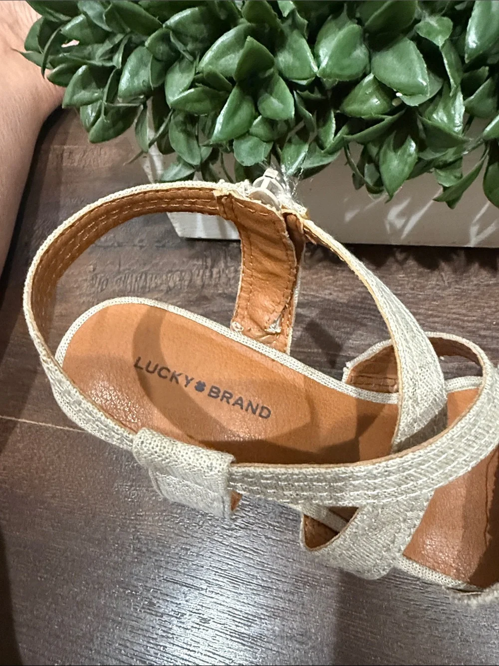 Lucky Brand Maeli Neutral Espadrille Wedge Sandal Rustic, Strappy Canvas Sz 10